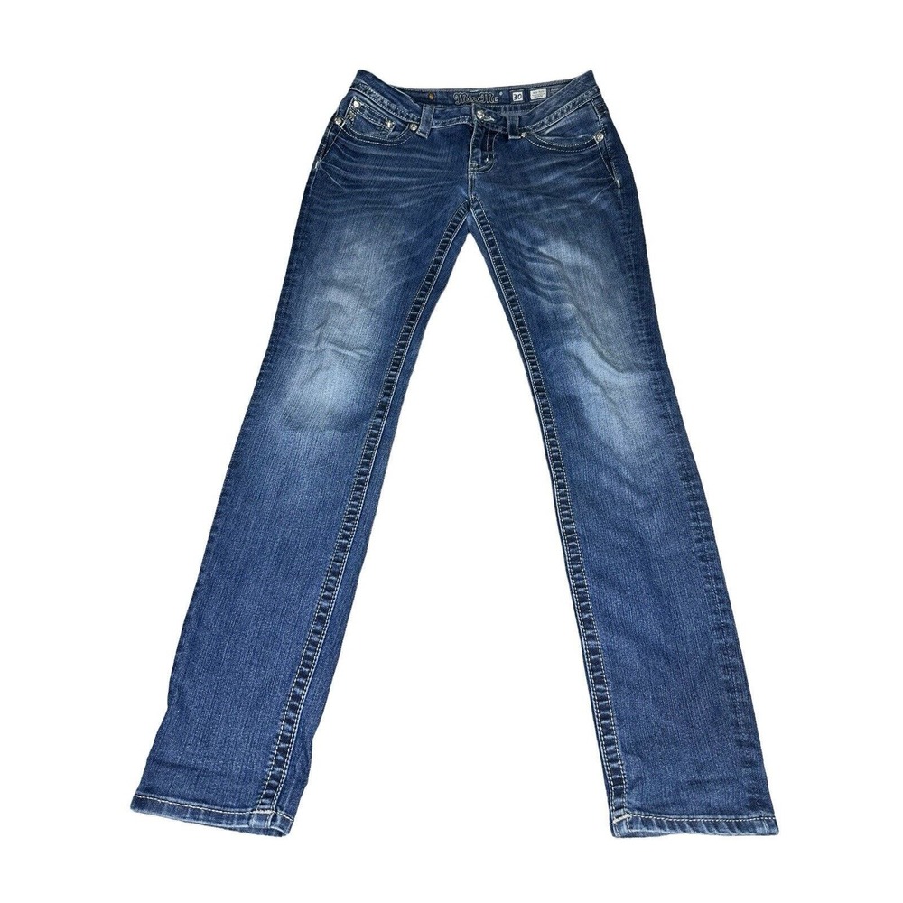 MISS ME Women's Denim Bling Fleur Mid Rise Easy Skinny Blue Jeans 30